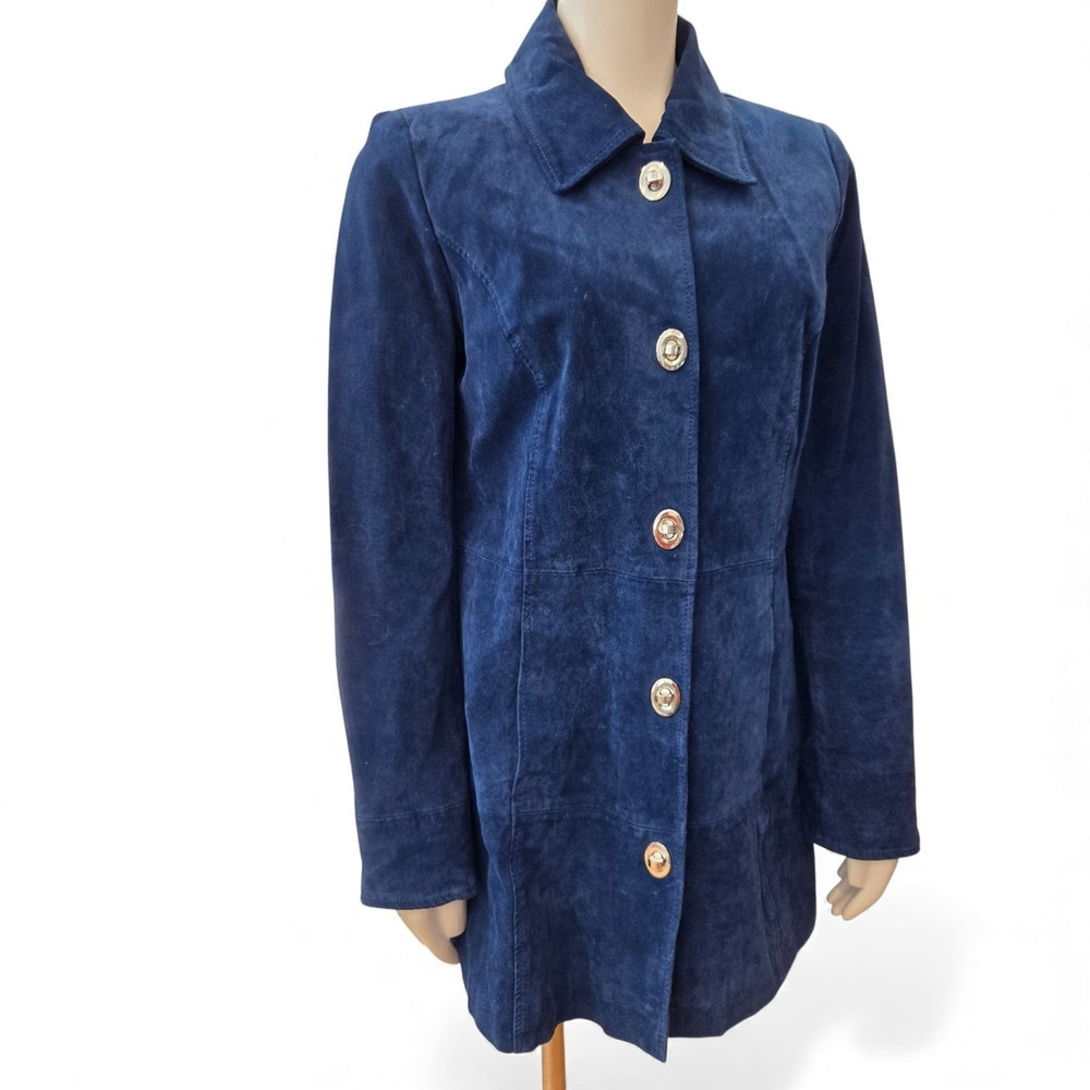 Dennis Basso Blue Suede Leather Jacket Womens XS Silver Turnlock Washable‎ Lined
